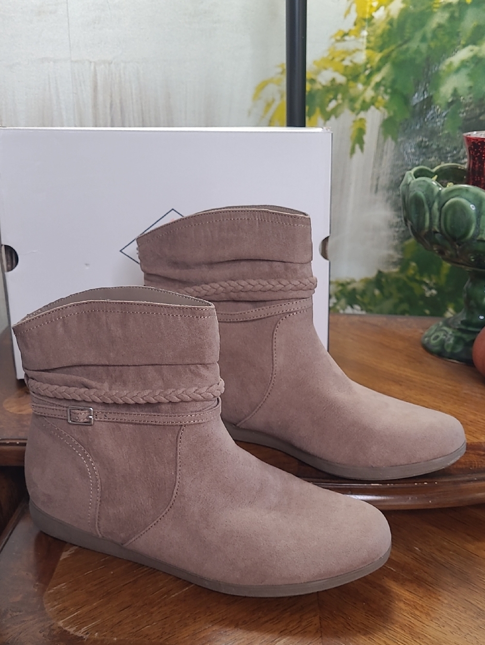 New in box! St Johns Bay Kenzie Womens 9 Taupe Suede Braided Ankle Booties - Picture 2 of 7
